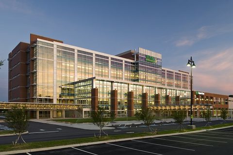 Holston Medical Group medical plaza in Kingsport, Tennessee at dusk